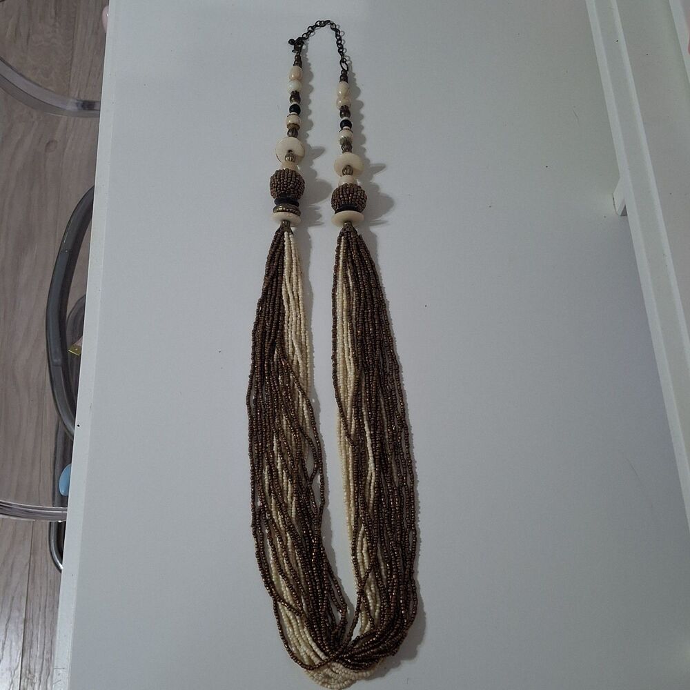 Multi-Layered Layered Seed Bead Copper Beige Statement Chunky Long Necklace